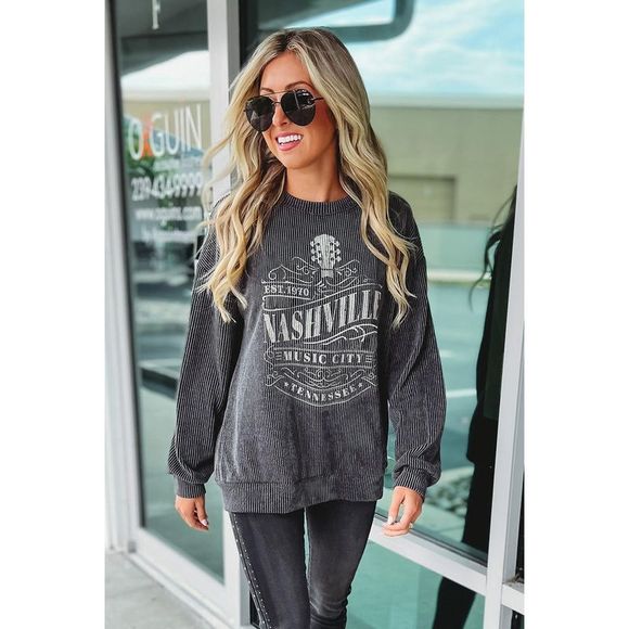 Azura Exchange  Black NASHVILLE MUSIC CITY Corded Graphic Sweatshirt - Picture 4 of 13